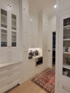 A white pantry with glass doors and shelves.