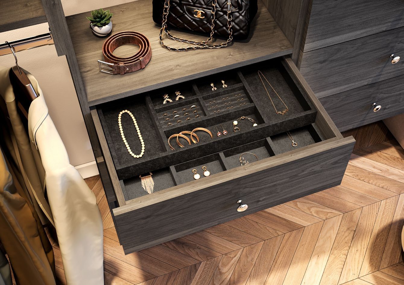 67ddf43846378_jewlery organizwr A wooden table with a black drawer and some jewelry